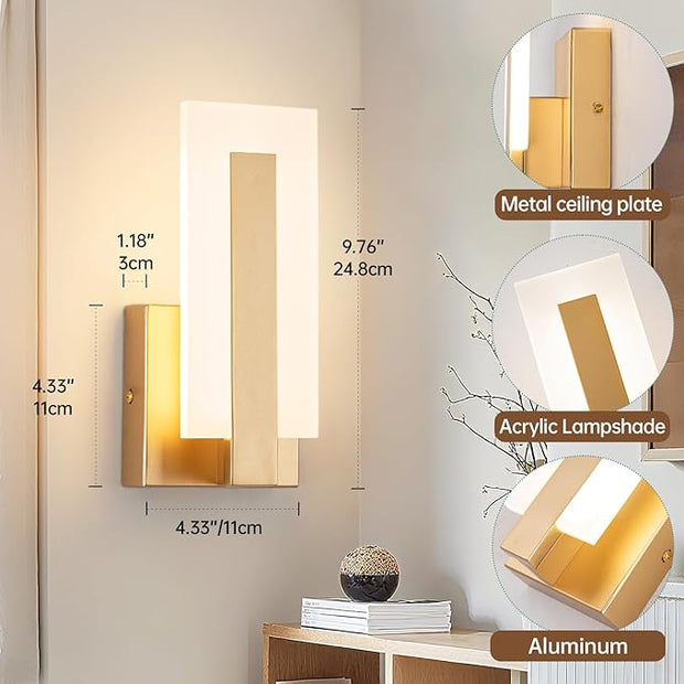 Modern Wall Sconces Set of 2, 3000K Warm White Wall Sconce, Acrylic Gold Wall Lamp, Hardwired Wall Mount Lighting Fixture for Hallway, Bedroom, Study, Living Room Indoor Wall Light