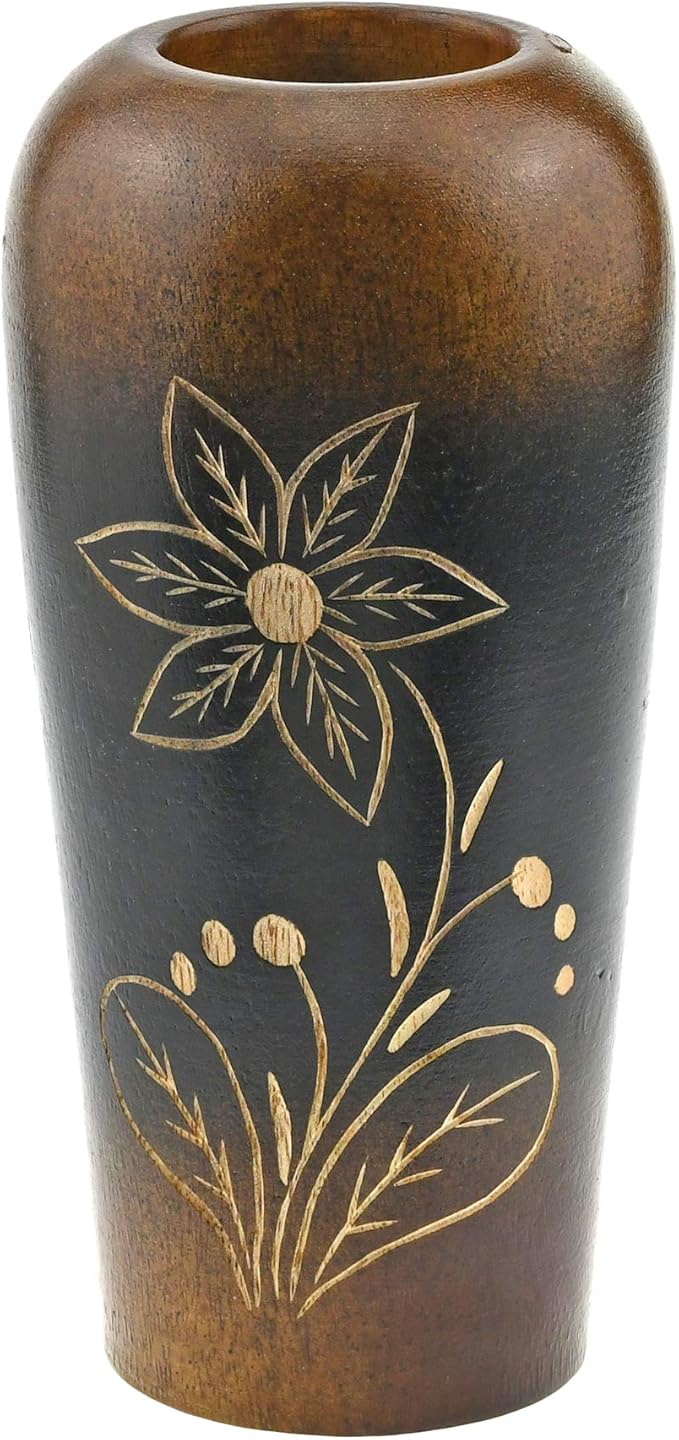 AeraVida Blooming Delicate Daisy Mango Tree Wood Flower Vase | Hand-Carved Brown and Black Decorative Piece for Home Décor | Handmade Natural Wooden Accent for Dried or Artificial Blooms