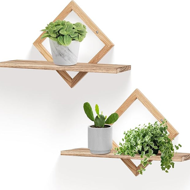 Floating Shelves for Wall,Decorative Wall Shelf,Hanging Shelf for Plants Storage Display Holder,Indoor Decor for Living Room Home Office Bathroom Bedroom,Solid Wood,Diamond Shaped,2 Pack(Wooden Brown)