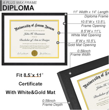 A PLUS MAX 11x14 Diploma Frame Display 8.5 x 11 Certificate with White & Gold Mat, Engineered Wood Document Frame with Black Wood Grain for Masters Associates Bachelor Degree - 1 Pack