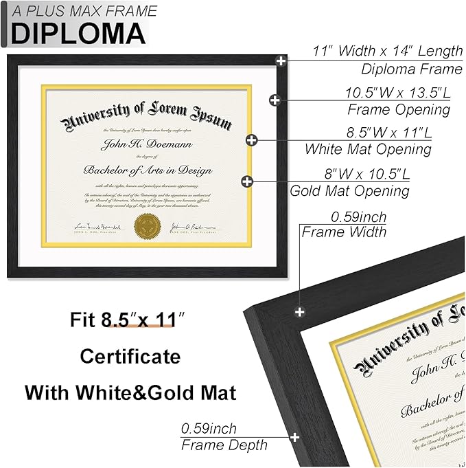 A PLUS MAX 11x14 Diploma Frame Display 8.5 x 11 Certificate with White & Gold Mat, Engineered Wood Document Frame with Black Wood Grain for Masters Associates Bachelor Degree - 2 Packs