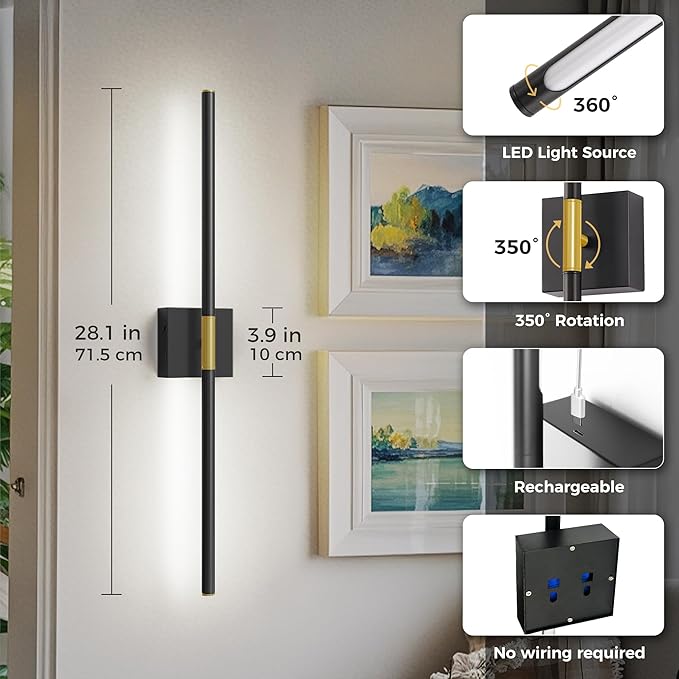 L LOHAS LED Battery Operated Wall Sconces Set of 2, Battery Wall Sconce 10000mAh, Gold and Black Rechargeable Sconces 6000K, 28.3 Inch Wireless Wall Lights, Sconce Wall Decor for Bedroom, Living Room