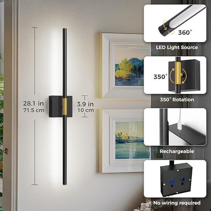 L LOHAS LED Battery Operated Wall Sconces Set of 2, Battery Wall Sconce 10000mAh, Gold and Black Rechargeable Sconces 6000K, 28.3 Inch Wireless Wall Lights, Sconce Wall Decor for Bedroom, Living Room