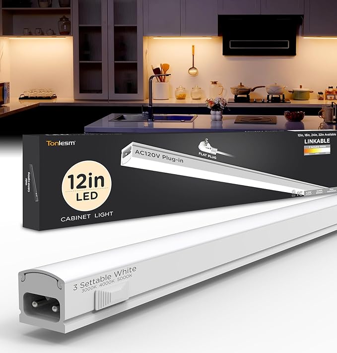 Under Cabinet Lighting Plug in 12in 1Pack AC120V 3CCT 3000/4000/5000K, Super Bright,Linkable Under Counter Lights for Kitchen, Ultra Slim LED Cabinet Light,ETL White
