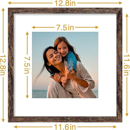 Vittanly 12x12 Picture Frames Set of 4, Display Pictures 8x8 with Mat or 12x12 without Mat, Gallery Frame for Wall Display, Engineered Wood with Shatter Resistant Plexiglass, Rustic Brown