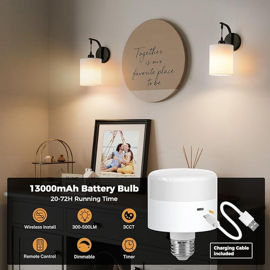 Battery Operated Wall Sconce Set of Two, Pleated Fabric Rechargeable Wireless Wall Sconces with 13000mAh Bulb & Dimmable, Battery Sconces Wall Light Decor Set of 2 for Living Room, Black