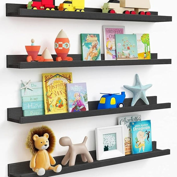 Forbena Black Picture Ledge Shelf 4-Pack, 36 Inch Floating Shelves for Wall with Lip Edge, Extra Long Wood Hanging Wall Shelf for Living Room Bedroom Office Classroom Library Books Photo Frames Decor