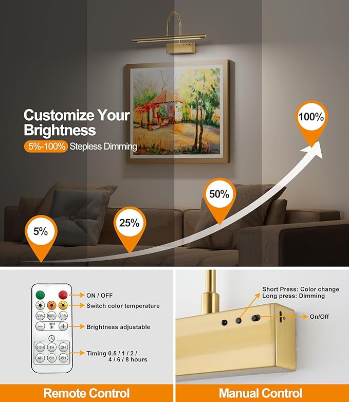 Picture Light for Wall with Remote,Brass Rechargeable Art Light,Wireless Battery Operated Wall Sconce, 3 Color Modes,16" Painting Light Over Picture Frame,Artwork,Photos,Gallery