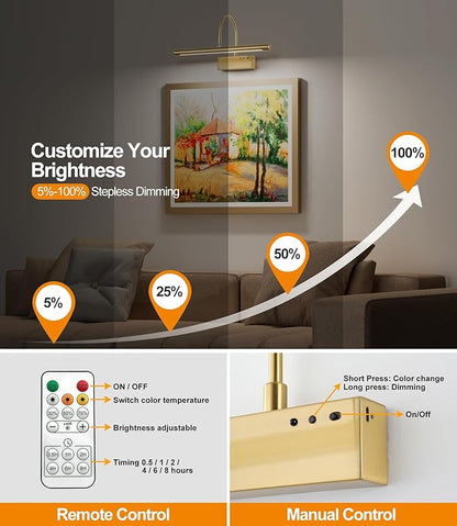 Picture Light for Wall with Remote,Brass Rechargeable Art Light,Wireless Battery Operated Wall Sconce, 3 Color Modes,16" Painting Light Over Picture Frame,Artwork,Photos,Gallery