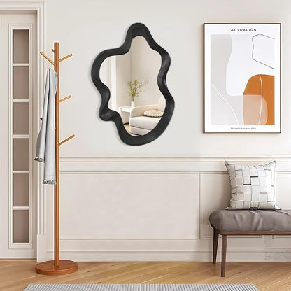 Asymmetrical Mirror for Wall Decor Large Modern Wavy Wooden Framed Wall Mirror Unique Shape Wall Mounted Vanity Artistic Wavy Mirror Decorative for Living Room Bedroom Bathroom Entryway Black
