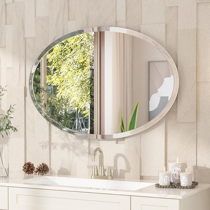 VocalStar Frameless Oval Mirror, 28" x 40" Bathroom Wall Mirror with Beveled Edge, Modern Decorative Vanity Mirrored for Living Room, Entryway, Bedroom | 1/4-Inch Shatterproof Glass