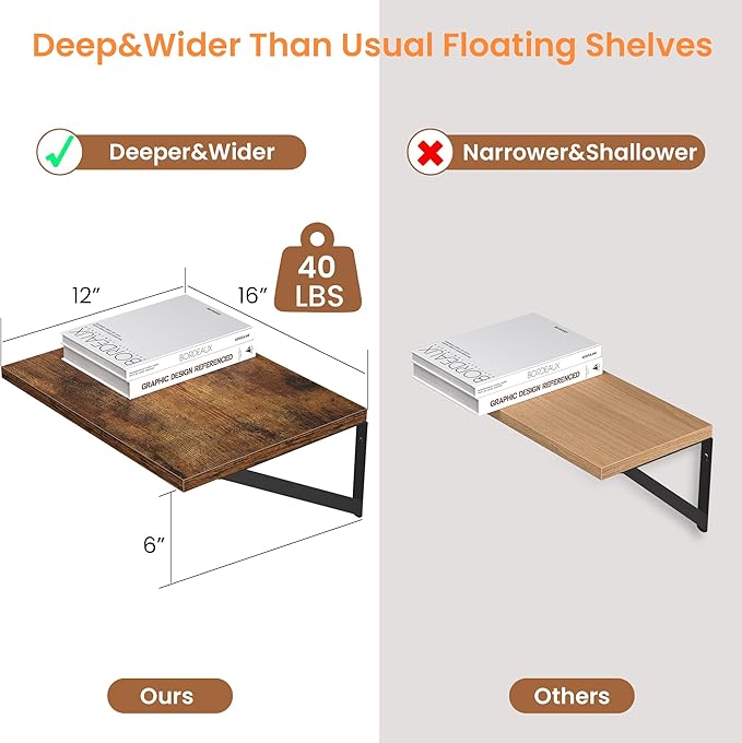 Heimlove Deep Floating Shelves for Wall, 16W x 12D Wood Wall Shelves Set of 2, Wide Floating Bookshelf for Living Room, Kitchen, Office, Bedroom and Decor Storage, with Metal Bracket - Rustic Brown
