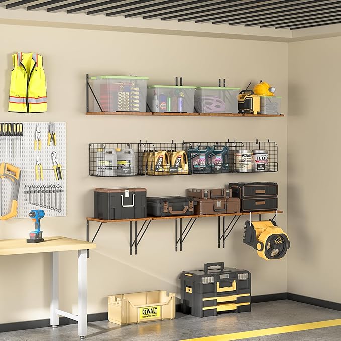 2 Pack Garage Shelves Wall Mounted with Wire Storage baskets, Heavy Duty Garage Wall Shelving with Hooks, Wooden floating shelves Tool Organizer for Home Garden Garage Organizers and Storage