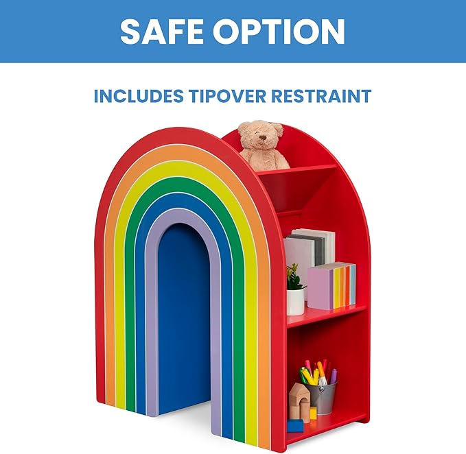 Delta Children Rainbow Bookcase – Greenguard Gold Certified Kids Bookshelf and Toy Storage, Montessori Bookcase for Playroom, Nursery and Classroom, Colorful Kids Book Shelf, Natural Finish