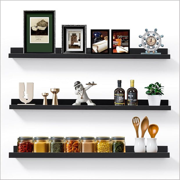 AZSKY Floating Picture Ledge Shelves for Wall Set of 3, 36 Inch Photo Shelves with Lip Long Large Nursery Book Shelf for Storage Bookshelf Wall Mounted Living Room Bedroom Decor Frames