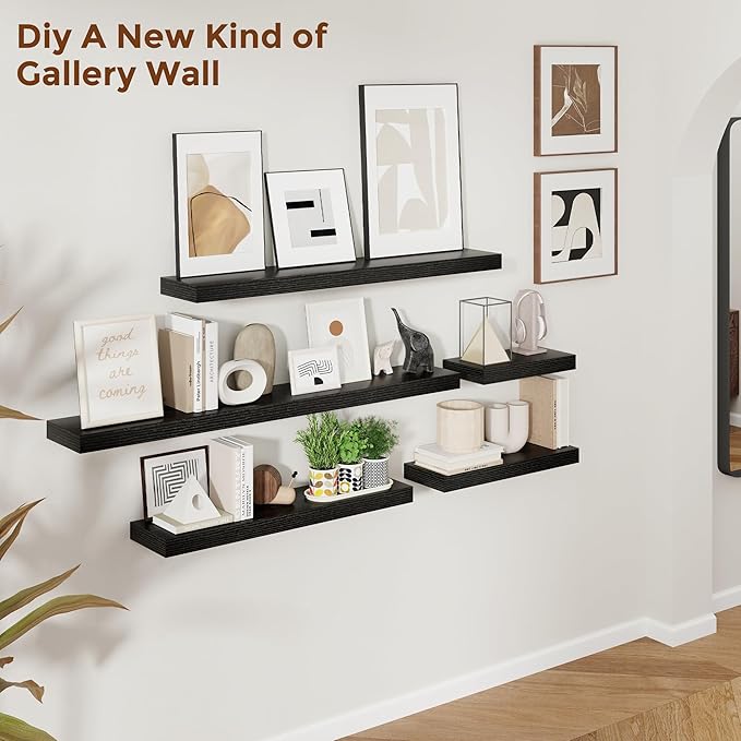 Heimlove 55 Inch Floating Shelves for Wall 8 Inch Deep Black Shelves Set of 2,Wall Mounted Rustic Wood Long Floating Shelf，Large Extra Display & Storage Shelf with Invisible Brackets