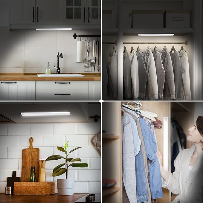 Under Cabinet Lighting, 84 LED Motion Sensor Light Indoor Rechargeable, 3200mAh Closet Lights Battery Operated for Kitchen Cabinets, Shelves, Walls