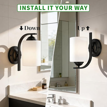 Wall Sconces Lights Lamp for Bedroom Bathroom, Modern Vanity Light Fixtures, Matte Black Farmhouse Wall Mount Lighting Lanterns with Glass Shade for Living Room Mirror Hallway Kitchen