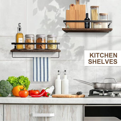 AGM Floating Shelves, 16.5 Bathroom Floating Shelf Set of 2, Carbonized Black Wall Storage Shelf with Towel Bar, Wall Mounted Shelves for Plants, Book, Bedroom, Kitchen, Living Room Decoration