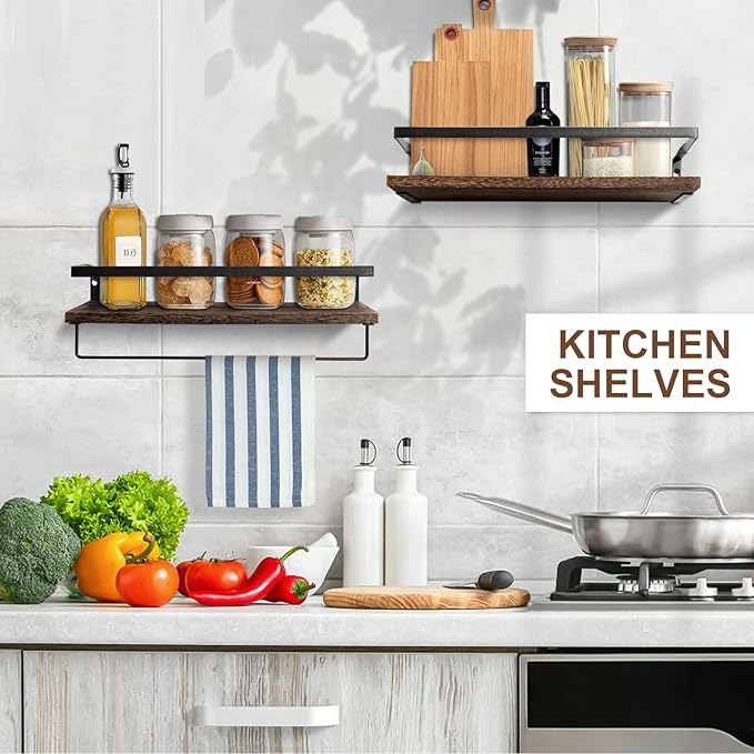 AGM Floating Shelves, 16.5 Bathroom Floating Shelf Set of 2, Carbonized Black Wall Storage Shelf with Towel Bar, Wall Mounted Shelves for Plants, Book, Bedroom, Kitchen, Living Room Decoration