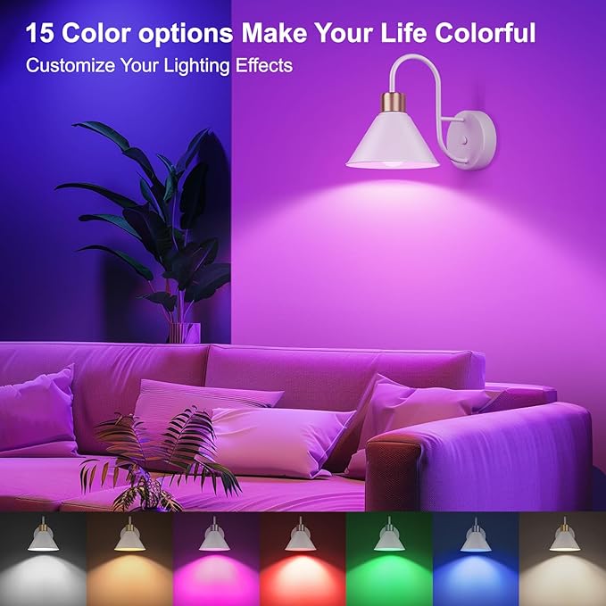 Frideko Rechargeable Battery Operated Wall Sconces Set of Two with Remote, RGB 15 Colors Dimmable White Wall Light, Indoor Battery Powered Wireless Sconce with 4 Timer for Living Room Bedroom