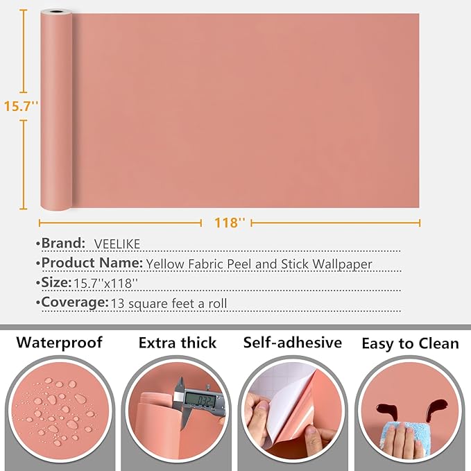VEELIKE Peach Pink Wallpaper Stick and Peel Thick Pink Peel and Stick Wallpaper for Girls Bedroom Dorm Nursery 15.7''x118'' Removable Self Adhesive Blush Peach Contact Paper for Cabinets Drawers Walls