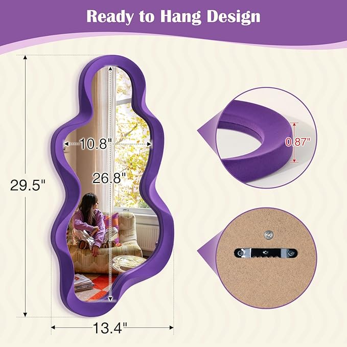 Wavy Wall Mirror for Girly Nursery Bedroom Decoration, 13.8x29.7 Noble Cloud-Shaped Decorative Funky Mirrors for Modern Classical Home Office Living Room Housewarming Birthday Gift (Purple)