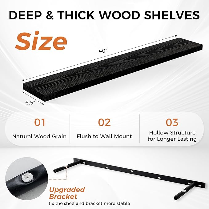 Fun Memories Floating Shelves for Wall, 40 Inch Floating Shelves for Home Decor, Wall Mounted Rustic Wood Shelves, Bathroom, Hanging Deep Shelf for Bedroom, Living Room, Kitchen (Black, Set of 2)