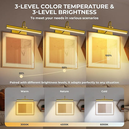 13'' Picture Light for Wall, 5200 mAh Battery Operated Picture Light with Remote & Timer for Wall Art - 3 CCT Dimmable LED, Brass Finish