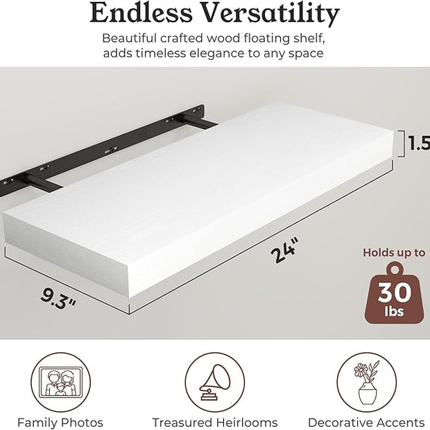 Floating Shelves for Wall, 9.3" Deep Wall Mounted Wood Shelves for Bathroom, Bedroom, Living Room, Kitchen, Hanging Shelf for Books/Storage/Room Decor (White, 24")