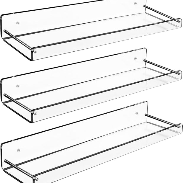 AMT 3 Pack Acrylic Floating Shelves, 15" L x 3.25" W, Clear Bathroom Wall Shelf, Bookshelves, Invisible Display for Office, Bedroom, Small Gap Allows Water to Escape, Free Screws & Drill Bit (Medium)