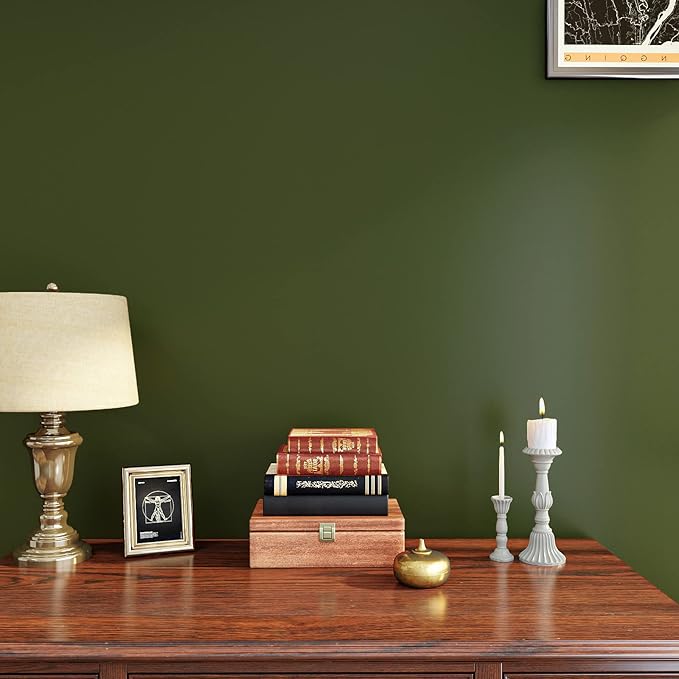 VEELIKE Thick Olive Green Wallpaper Peel and Stick Removable 15.7''x354'' Vintage Green Contact Paper for Cabinets Walls Waterproof Self Adhesive Green Vinyl Wall Paper for Bathroom Bedroom Kitchen