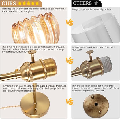 Plug-in Wall Sconce, Vintage Wall Decorative Lamp with Amber Glass Shade, Indoor Plug-in Wall Sconce for Bedroom, Living Room, Hallway