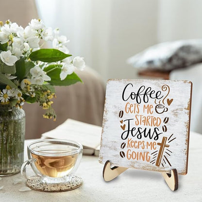 Inspirational Coffee Sign Rustic Desk Decor Decorative Christian Religious Bible Verse Faith Decoration for Home Farmhouse Bedroom Office Coffee Bar Table Shelf Tiered Tray Plaque with Wood Stand