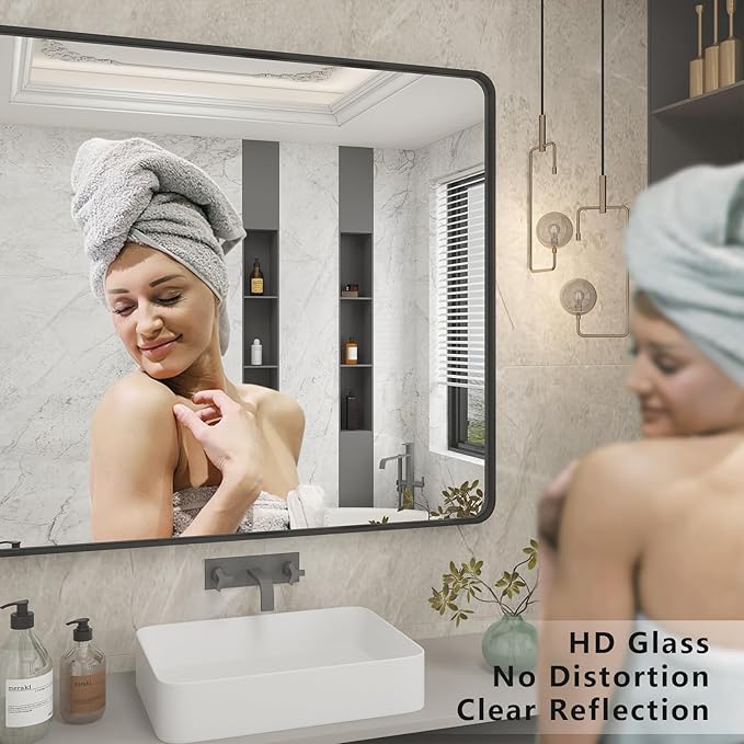28x32 Inch Black Metal Framed Bathrrom Mirror for Wall, Matte Black Rectangle Mirror, Rounded Corner, Anti-Rust (Horizontal/Vertical)