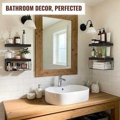 4 Pack Wall Mounted Rustic Wood Floating Shelves with 2 iron Hanging Baskets, Bathroom Shelves Over Toilet, Toilet Paper Storage, Farmhouse Decor Hanging Shelf for Living Room, Kitchen, 16 inch, Black