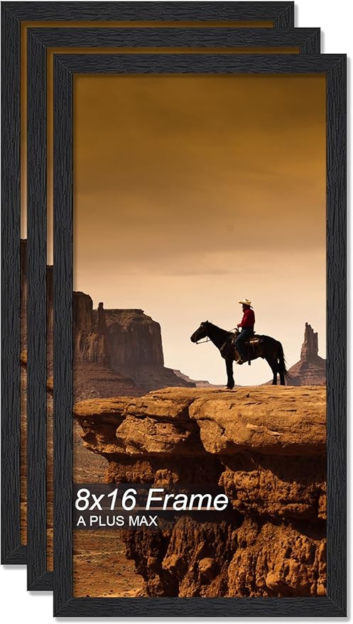 A PLUS MAX 8x16 Picture Frame Set of 3, Black Engineered Wood Frame for 8 x 16 Inch Picture Poster Photo, Light Weight 8 by 16 Frame with Wood-grain for Wall - 3 Pack/Black/8"x16"