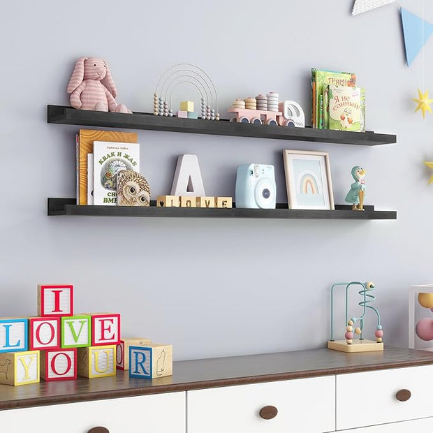 Picture Ledge Shelf, Floating Shelves Set of 2, Solid Ash Wood 48'' Long Large Nursery Book Shelves for Toys Storage, Kids Bookshelf for Living Room Bedroom Decor Books Photo Frames, Black