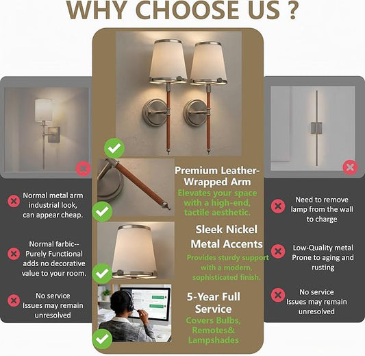 DORESshop Battery Operated Wall Sconce Set of 2, Wireless Wall Light Easy to Install, 7 Color Rechargeable Wall Sconces, Sconce Wall Decor Set of 2 for Bedroom, Living Room, Chrome and Leather, 18.7in