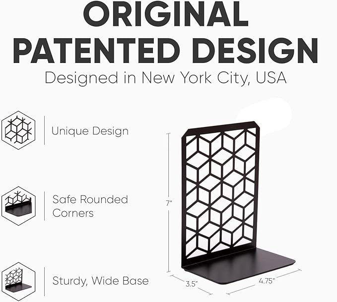 Geomod 3D Cube Black Metal Bookends Decorative for Heavy Books - Sturdy Boho Book Stops - Minimal Book Shelf Stopper - Durable Office Bookends - Weighted Metal Book Holders - 7x4.75 Inches - 3 Pair