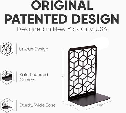 Geomod 3D Cube Black Metal Bookends Decorative for Heavy Books - Sturdy Boho Book Stops - Minimal Book Shelf Stopper - Durable Office Bookends - Weighted Metal Book Holders - 7x4.75 Inches - 2 Pair