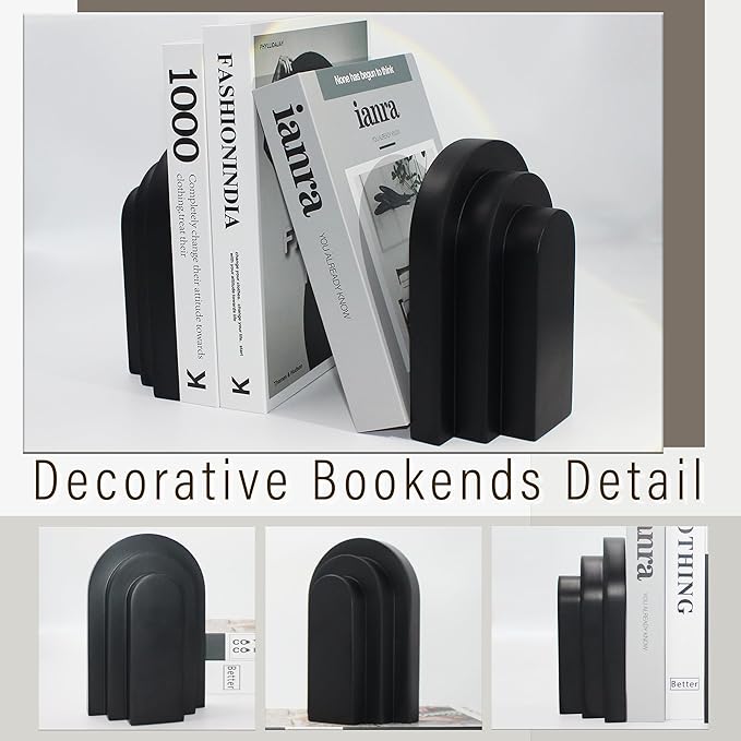 Heavy Duty Book Ends for Shelves, Decorative Bookends for Heavy Books Set of 2, 6.6 LBS Modern Book Stopper for Home Decor, Bookshelf, Aesthetic Bookend with Layered Arch Design, Black