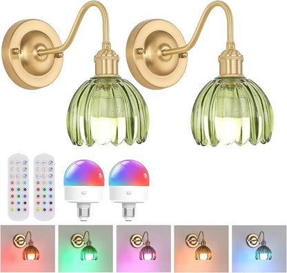 Vintage Battery Operated Wall Sconce Set of 2, 5000mAh Rechargeable Wall Light, Indoor Battery Powered Wall Lamp for Bedside Bedroom Living Room, Tulip Green
