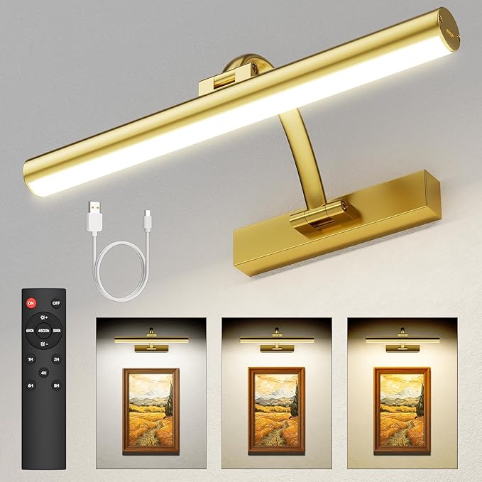 Picture Lights for Wall Rechargeable, 5200mAh Battery Operated Poster Light with Remote & Timer, 13" Dimmable Art Light, 3 Color Temperatures for Artworks, Paintings, Gallery, Canvas (1 Pack)