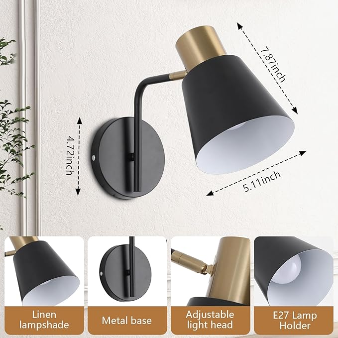 Battery Operated Wall Sconce Set of 2,Rechargeable Wall Lights with Remote Control,Black Gold Modern Wall Sconces Dimmable,15 Colors,Wireless LED Wall Lamp for Bedroom Living Room Farmhouse Hallway