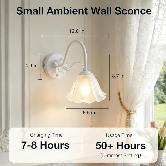 Battery Operated Cordless Flower Wall Sconce Set of 2 (White), Stepless Dimming Magnetic Wireless Wall Lamp, 5200mAh Rechargeable Battery, for Living Room Bedroom Hallway Corridor