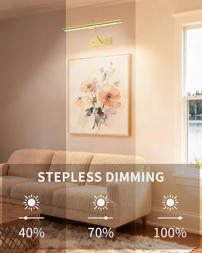 16 Inch Dimmable Picture Light, Gold LED Art Painting Wall Light with Remote Control & Timer, 3 Color Temperatures, Battery Operated Wall Sconce for Framed Pictures (Golden, 16 INCH)