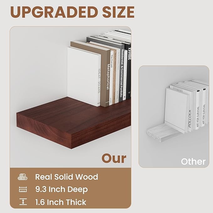 Floating Shelves, 9.3 Inch Deep Floating Shelves for Wall, Solid Wood Shelves 24 Inch Long, Deep Wall Shelves for Living Room, Bathroom, Kitchen, 24
