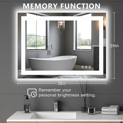 DUMOS 37"x 28" LED Bathroom Mirror with Lights, Dimmable Anti-Fog Front Lit Backlit Lighted Wall Mounted Rectangle for Vanity Makeup Memory Function Tempered Glass Shatter-Proof Horizontal&Vertically
