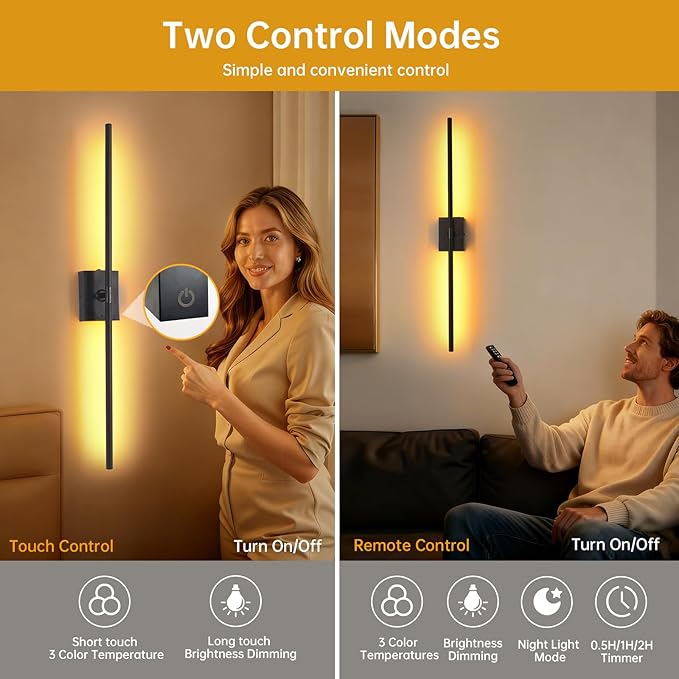 Battery Operated Wall Sconce Set of 2, 10000mAh Rechargeable Wall Sconces with Detachable Battery, Indoor 350°Rotate Wall Lights for Bedroom Living Room, Black, 31.5 Inch